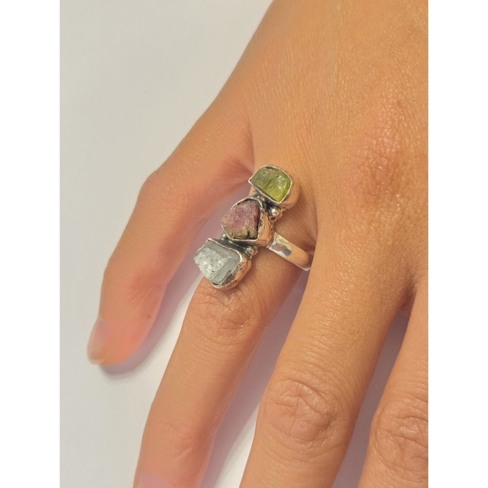 Large Vintage Sterling Silver Raw Aquamarine‎ Tourmaline & Peridot Ring Size 7